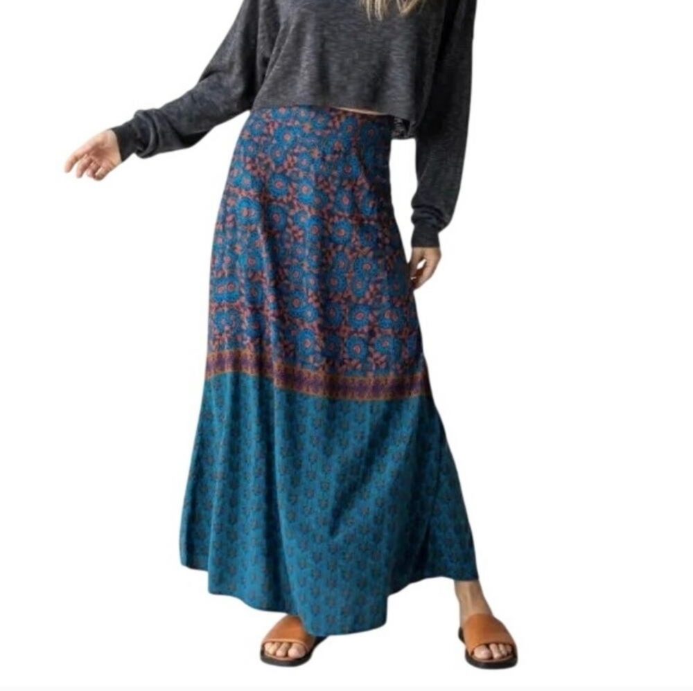 NATURAL LIFE Amy Teal Gold Border Maxi Skirt Size S
